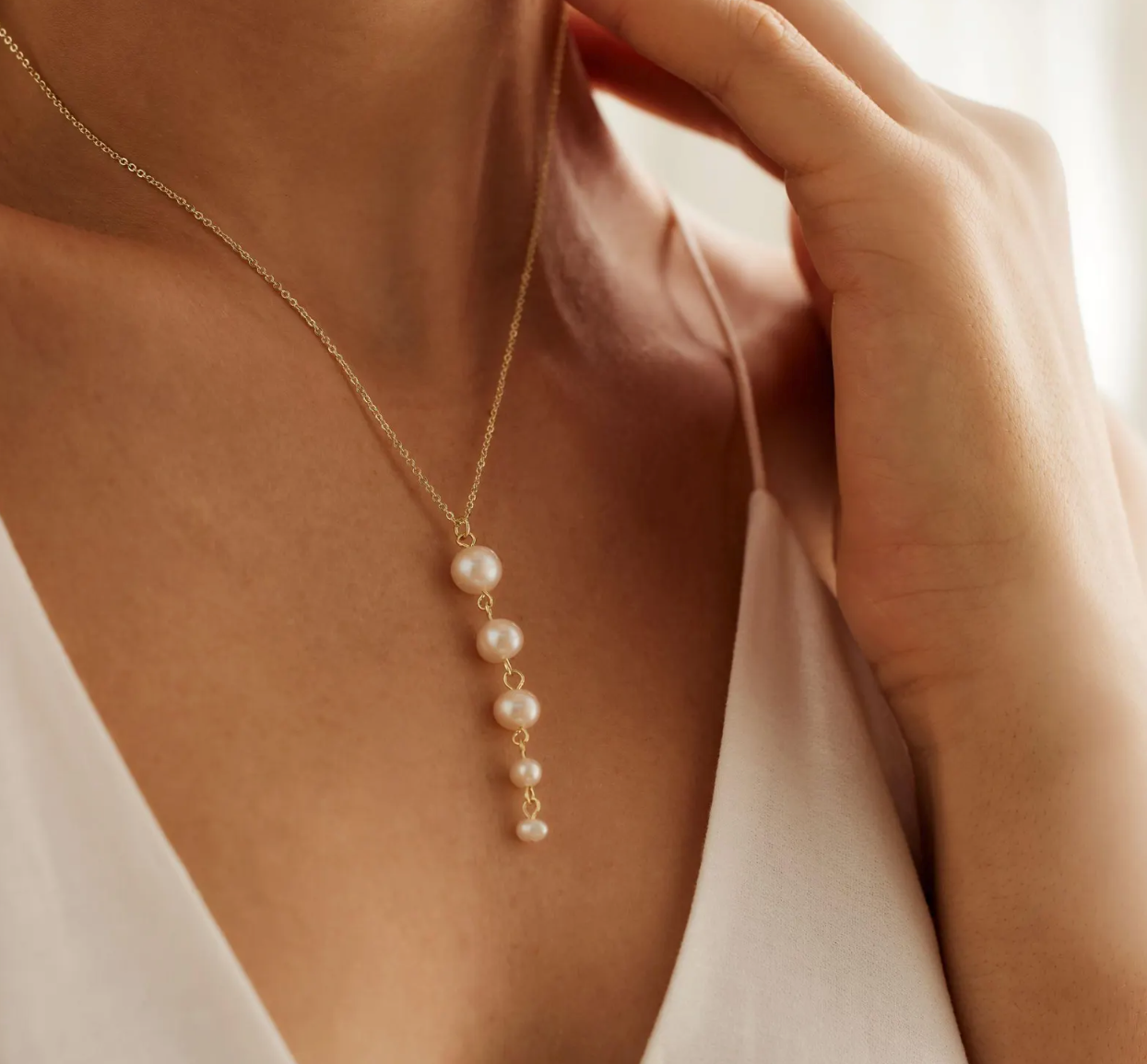 Gold Plated Pearl Drop Necklace on model